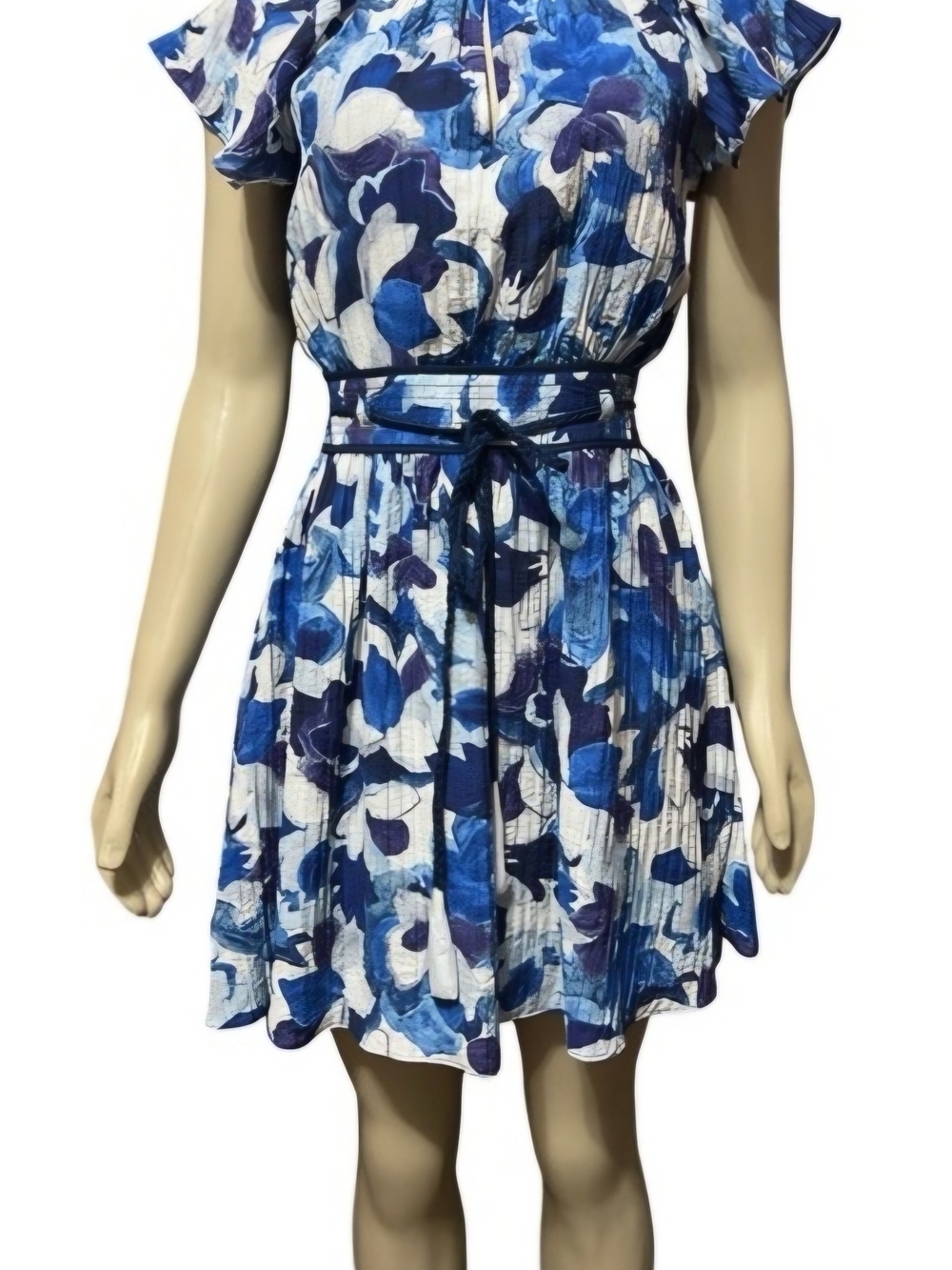 Adelyn Rae Boho Blue and White Floral Mini Dress with Braided Belt